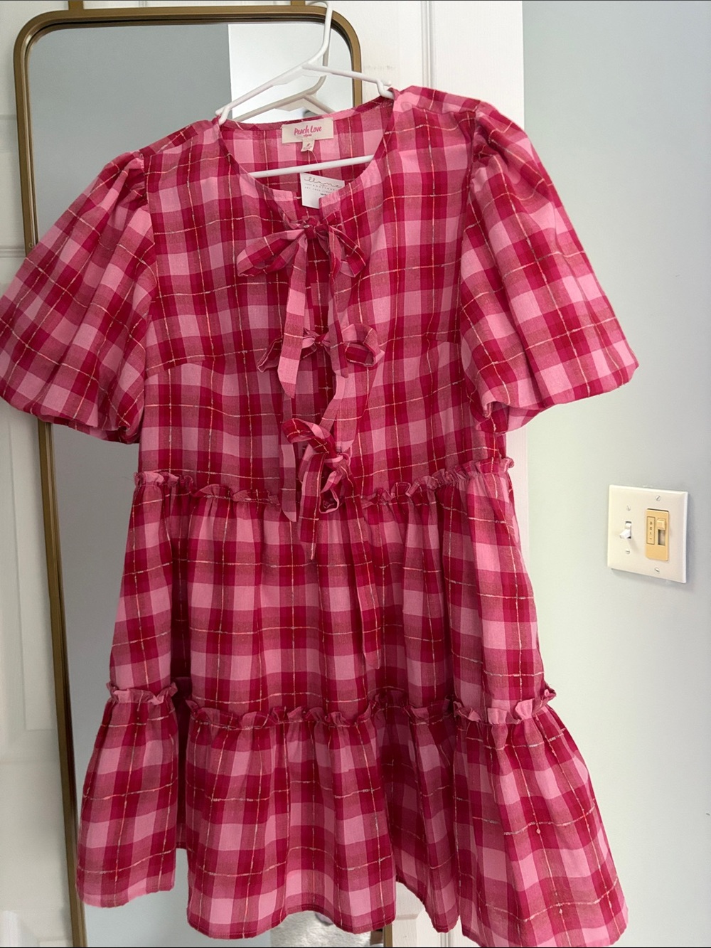 Peach Love California Pink Plaid Tie-Front Tiered Kids Dress